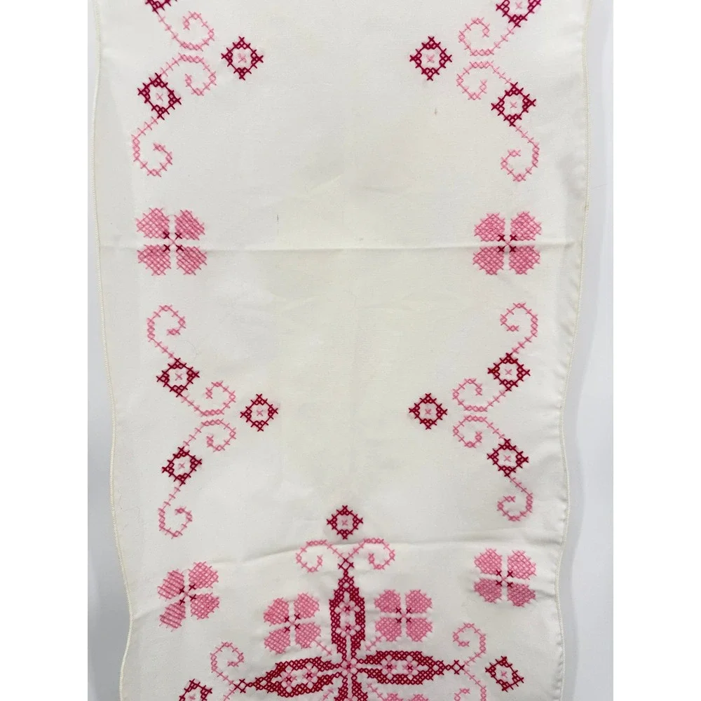 Vintage Embroidered Table Runner Dresser Scarf Cross Stitch Floral 40x14